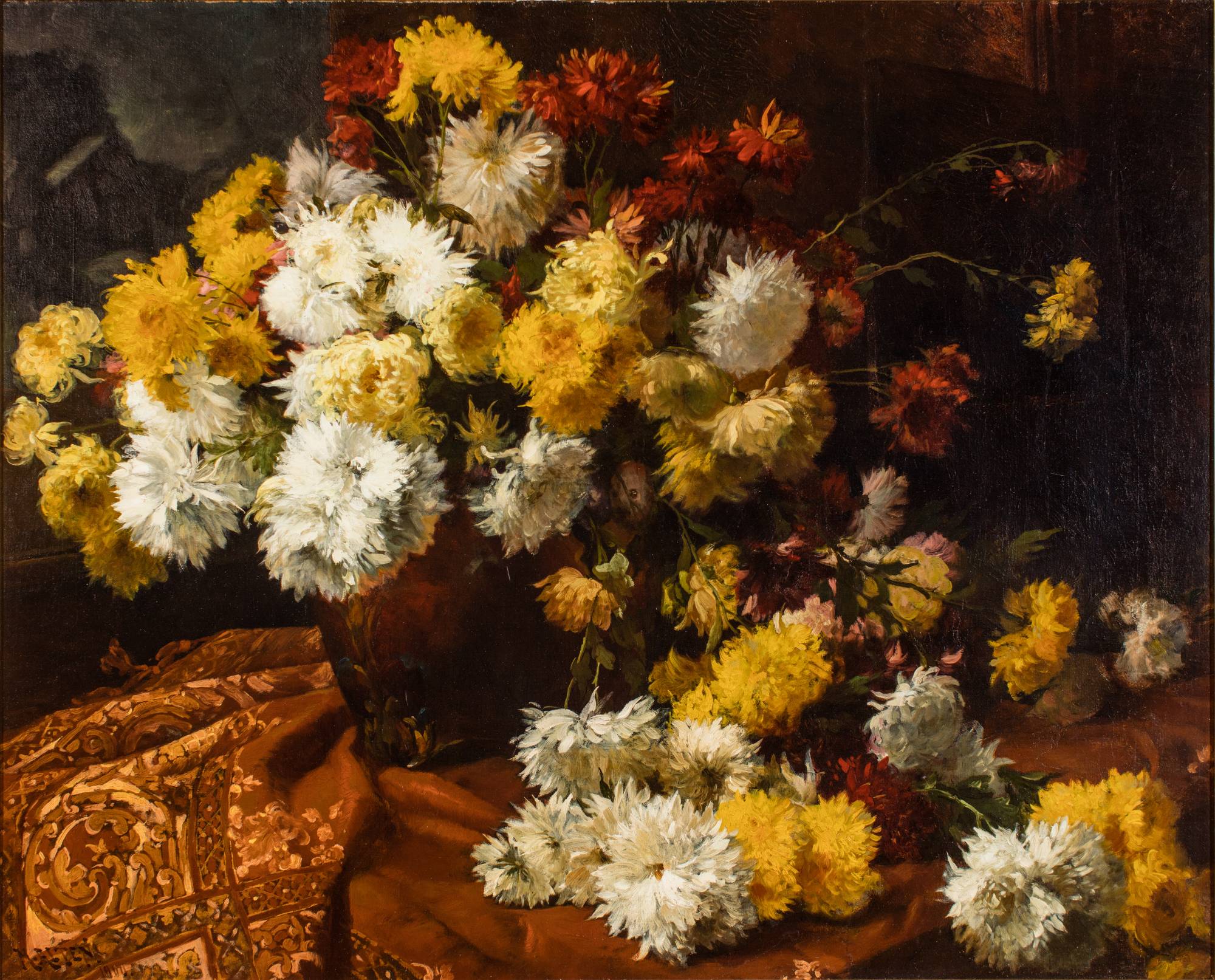 still life painting of Chrysanthemums against a dark background